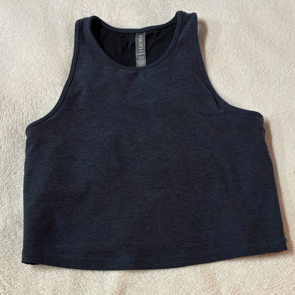 Vuori Plyo crop/tank top, medium, Midnight Heather blue